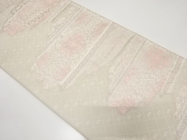 霞取りに花更紗模様織り出し　袋帯